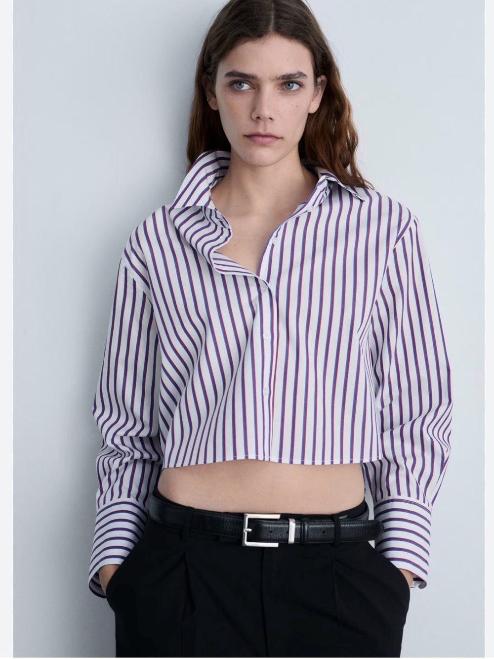 Mango | Cropped Fit Red, White, & Blue Striped Button Down Shirt